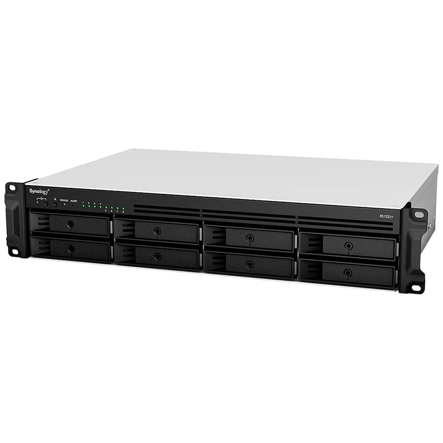 Synology RackStation RS1221+; Rack 2U, 8-bay 3.5''/2.5" SATA HDD/SSD,  AMD Ryzen V1500B 4-core 2.2GHz; 4GB DDR4 ECC SODDIM,2x Memory slots; 4x RJ-45 1GbE LAN Port; 2xUSB 3.2; eSATA port; PCI Gen2x8 slot (x4 link); 6.9 kg; 3yr wrnty