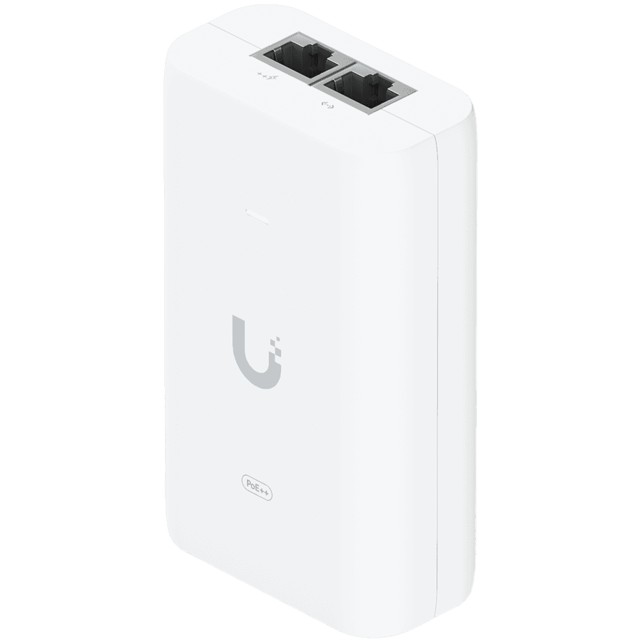 UBIQUITI PoE++ Adapter; Delivers up to 60W of PoE++; Surge, peak pulse, and overcurrent protection; Contains RJ45 data input, AC cable with earth ground, and PoE++ output; LED indicator for status monitoring.