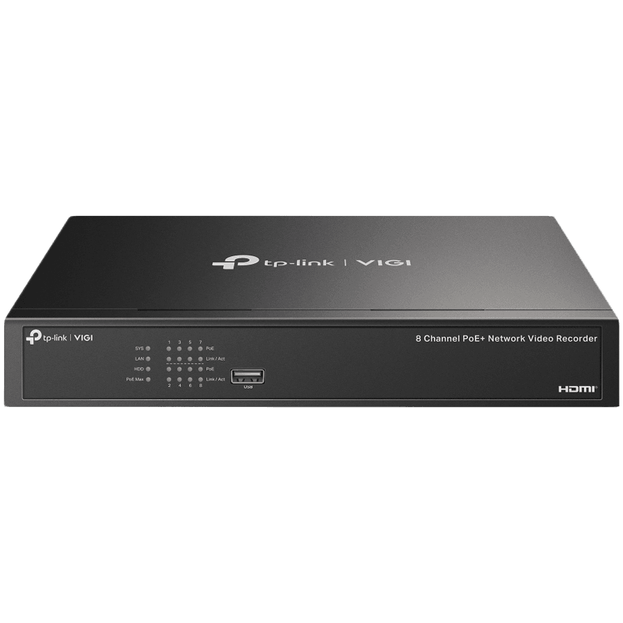 8 Channel PoE+ Network Video RecorderSPEC: H.265+/H.265/H.264+/H.264, Up to 8MP resolution, Decoding capability/8-ch@2MP/4-ch @4MP,80 Mbps Incoming Bandwidth(up to 8 channels),8× 10/100 Mbps PoE+ Ports, PoE Powe 53W, 802.3 af/at,1× SATA Interface