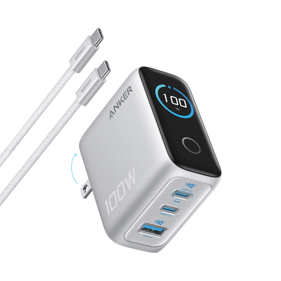 Anker Charger (100W, 3 Ports, Smart Display) Silver