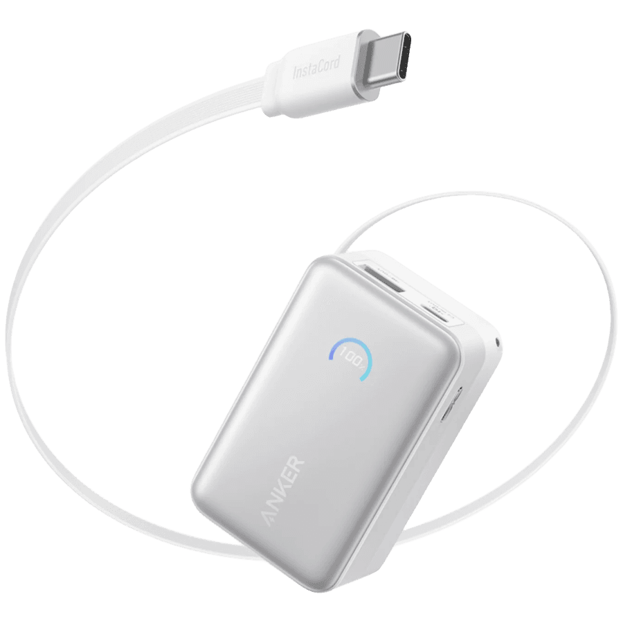 Anker Nano Power Bank (10K, 45W, Built-In Retractable USB-C Cable) White, Smart Display, 70 cm Retractable USB-C Cable, 1x USB-A, 1x USB-C