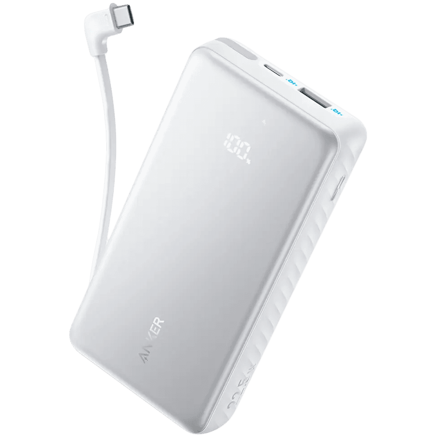 Anker Zolo Power Bank (20K, 22.5W, Built-In USB-C Cable) White 1x USB-A, 2x USB-C